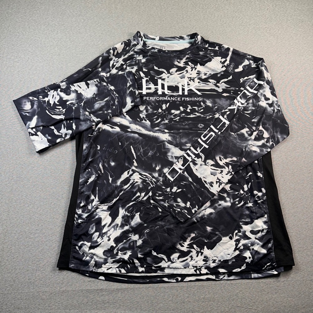 HUK Performance Fishing Shirt Men XXL Black Camo Mossy Oak Element Hydro Outdoor